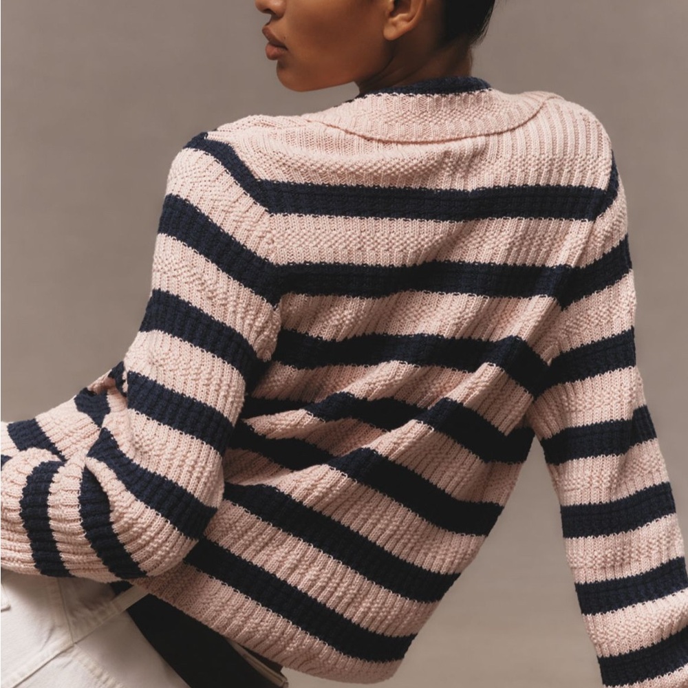 Anthropologie Maeve Greta Pink and Navy Striped Cardigan medium nwot - Picture 3 of 7